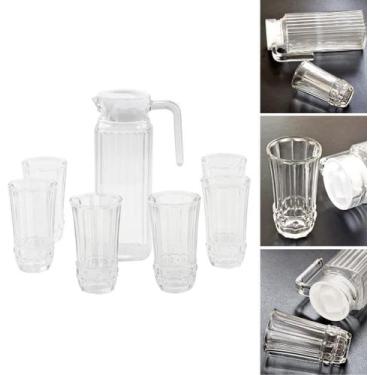 Imagem de Jarra De Vidro Com 6 Copos Tampa Água 1800ml  Suco - Cheng Xiang