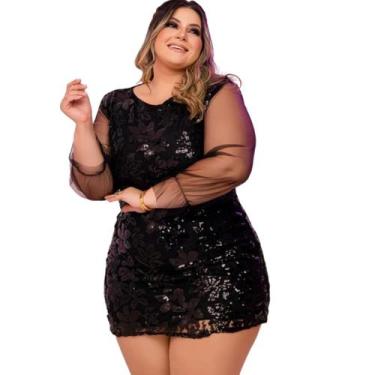 Imagem de Vestido Feminino Plus Size Paetê Manga Longa Roupas 48 ao 52 - Bellucy