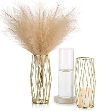 Imagem de Hewory Vasos de flores modernos dourados para centros de mesa - Hewory Vaso de vidro de 28 cm com suporte de metal, conjunto de 2, vasos geométricos largos e grandes para flores, porta-flores para