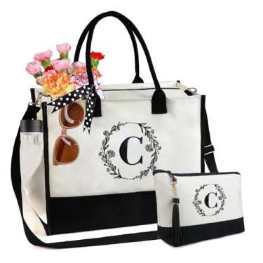 Imagem de BeeGreen Sacolas personalizadas para mulheres, monograma, cravo, bordado, lona, presente de aniversário, Preto e branco, Large, Cravo C