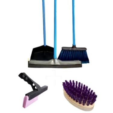 Imagem de Kit Vassoura, Rodo Grande Duplo, Pá de Lixo Com Cabos, rodinho pia cozinha e escovinha madeira para lavar tênis, roupa