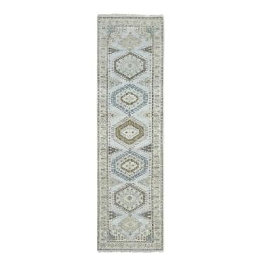Imagem de Shahbanu Rugs Tapete oriental cinza geométrico Village com nó à mão de lã pura (2'8"x10'2.5 cm)