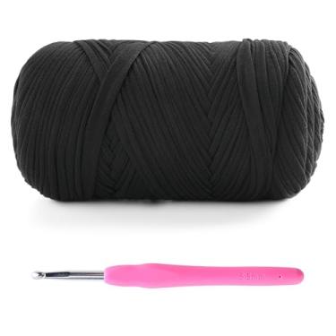 Imagem de Fio de camiseta para crochê - 400 g/130 m para sacos de crochê/cestas/decoração de casa - fio de camiseta de tecido elástico macio com 1 gancho de crochê (1, preto)