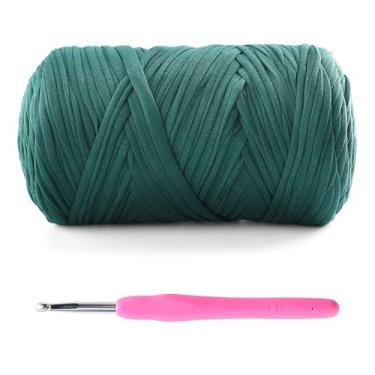 Imagem de Fio de camiseta para crochê - 400 g/130 m para sacos de crochê/cestas/decoração de casa - fio de camiseta de tecido elástico macio com 1 gancho de crochê (1, verde escuro)