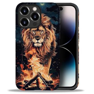 Imagem de FKBRCL4U Capa para iPhone 14 Pro, capa protetora híbrida de silicone fosco de 2 camadas para meninas e mulheres juba de leão em chamas com estampa de fogueira noturna para iPhone 14 Pro
