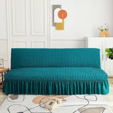 Imagem de Capa de futon sem braços com saia de babados, sofá-cama futon altamente elástica(Blue,Large (190-210cm))