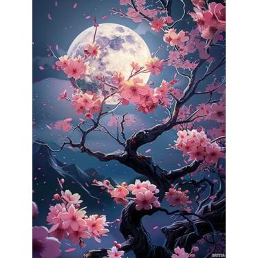 Imagem de BRTITA Kits de arte de diamante de paisagem de flor de cerejeira lua para adultos, kit completo de ponto cruz de cristal de pedra preciosa redonda, para decoração de parede, presentes 12 x 16 pol