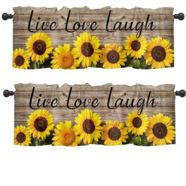Imagem de Pacote com 2 cortinas de cozinha Sunflwer conjunto de cortinas de cozinha Love Live Laugh Yellow Short Cafe Valances e cortinas de banheiro com bolso de haste de 7,6 cm, sanefas de tratamento de