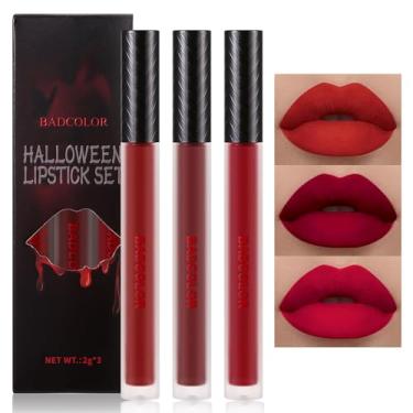 Imagem de Conjunto de batom líquido fosco vermelho 3 cores, brilho labial vermelho rubi bordô para mulheres, maquiagem de vampiro de Halloween, mancha labial de longa duração de alto impacto, à prova de manchas