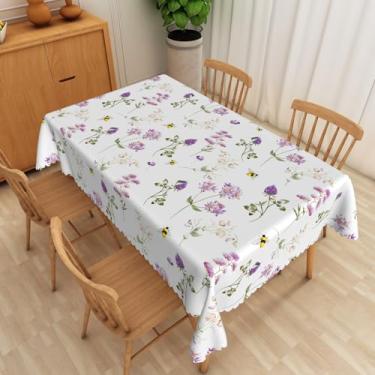 Imagem de SIEDYCV Toalha de mesa retangular floral roxa 132 x 182 cm primavera lilás roxo flor silvestre abelha tecido branco toalha de mesa de poliéster reutilizável à prova d'água para jardim, piquenique