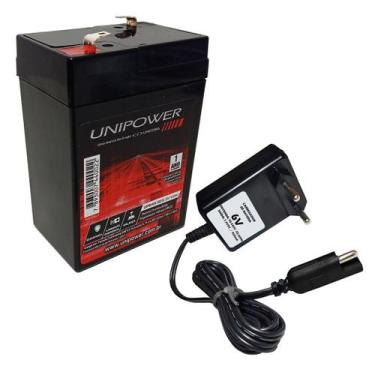 Imagem de Kit Bateria 6V 4,5ah Unipower Carregador Led Moto Elétrica