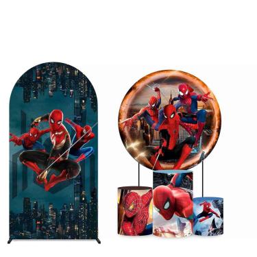 Imagem de Kit Painel de Festa Redondo 1,30m, Trio de Cilindros e Painel Romano Homem Aranha - Fera Print