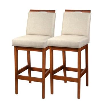 Imagem de Kit 2 Banqueta Alta Rubi Para Cozinha De Madeira Maciça Estofada Com Encosto Para Bancada Americana (Linho Bege)