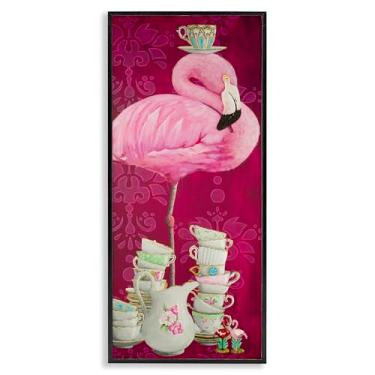 Imagem de Stupell Industries Flamingo com xícaras de chá antigas arte giclée emoldurada preta, design por Heather Gauthier, 25 x 61 cm