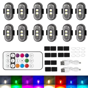 Imagem de XINGWU 12 peças de luzes estroboscópicas de LED sem fio com controle remoto, 8 cores, recarregáveis, USB, à prova d'água, luz piscante, para carro, motocicleta, avião, scooter, caminhão, drone