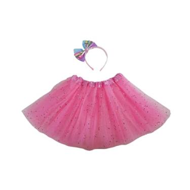 Imagem de Kit Fantasia Menina Saia Rosa Glitter + Tiara Colorida Festa Carnaval Infantil