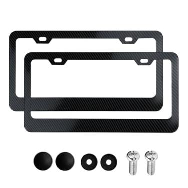 Imagem de Mandark 2 peças de moldura de placa de carro de fibra de carbono, suportes de placa automotiva de alumínio com parafusos, à prova de ferrugem, capa de matrícula dianteira traseira de veículo padrão