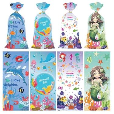 Imagem de Sacos de guloseimas de celofane sob o mar, 100 peças de verão, cauda de sereia, golfinhos, peixes tropicais, impressos, presente de plástico, biscoitos, doces, sacos de armazenamento com laços para