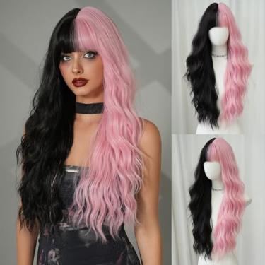Imagem de 7JHH WIGS Perucas Longas, Soltas E Onduladas, Pretas, Rosa, 31 Unidades, Com Franja, Fibra Sintética Natural Resistente Ao Calor, Mechas, Ombré, Cacheadas, Para Mulheres, Festa Diária De Natal