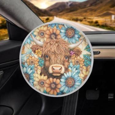 Imagem de TSVAGA Protetor solar de volante de carro Boho, capa de volante de tecido resistente ao calor para a maioria dos carros, SUV, caminhões, vãs, Highland Cow