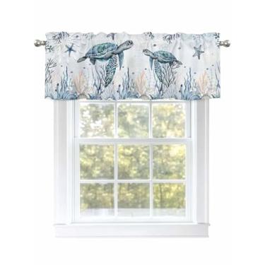 Imagem de Cortina para janelas, tartaruga, oceano, estrela-do-mar, cortinas de cozinha, sanefas, bolso para varão, azul, coral, algas marinhas, tratamento de janela, cortinas curtas para cozinha, banheiro, sala