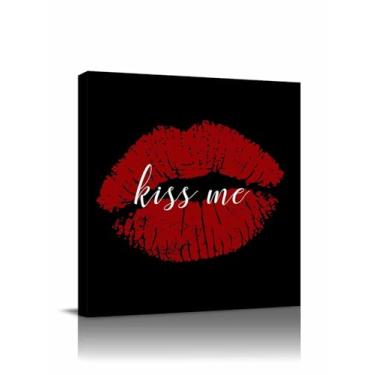 Imagem de Impressão em tela emoldurada de arte de parede vermelha abstrata em preto, pintura em tela com letra Kiss Me, imagens de arte para casa, quarto, sala de estar, escritório, decoração pronta para