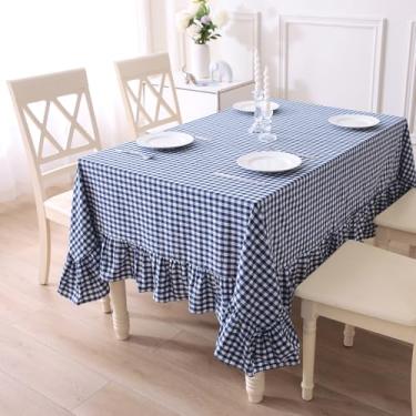 Imagem de K MASANIJI Toalha de mesa xadrez azul marinho branco com babados, retangular, 100% algodão lavado, buffet, chalé, xadrez, guingão, toalha de mesa decorativa vintage - 304,8 cm x 152,4 cm