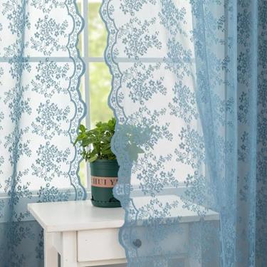 Imagem de Cortinas de renda azul ardósia 137 cm de comprimento 2 painéis para banheiro vintage floral cozinha painéis de janela curtos transparentes com borda recortada Boho Coatal pequena janela tratamentos