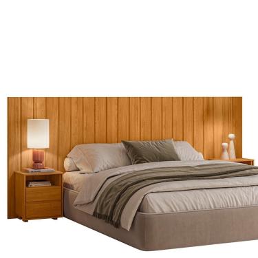 Imagem de Cabeceira Casal Extensível Frida MDF Painel Ripado Cinza Com Mesas De Cabeceira E 4 Gav...