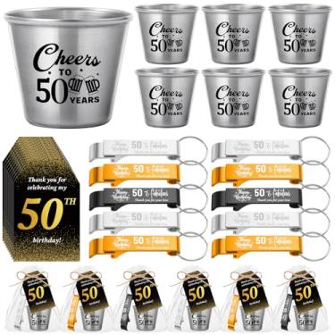 Imagem de Domensi 30 Sets 50th Birthday Party Favors for Guests Bulk Include Cheers to 50 Years Short Cups Beer Bottle Opener Keychains Thank You Cards with Gift Bags and Ropes for Birthday Party Gifts