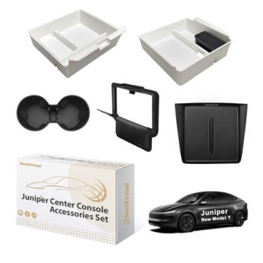 Imagem de BestEvMod Organizador de console central de 5 peças compatível com 2025 Tesla New Model Y Juniper Acessórios ABS Slide Smoothly Cup Holder Insert Wireless Charger Mat Silicone (Branco)