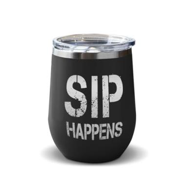 Imagem de Style In Print Copo de vinho com tampa 340.2 g Sip Happens Inspiration & Motivation Celebration Gravado copo de vinho de aço inoxidável preto, EWCUP_KWIN123_B