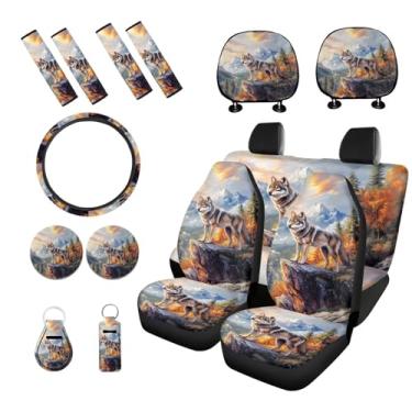 Imagem de PCSJRKG Conjunto de 15 peças de capas interiores de carro estampadas com lobo, conjunto de capas protetoras de assento de carro capas de assento dianteiro traseiro capa de volante capa de encosto de