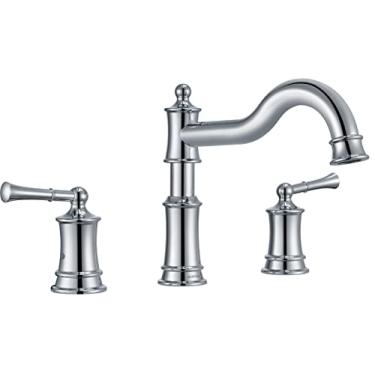 Imagem de WINKEAR Torneira de banheira romana torneira de banheira de montagem no convés para banheiro amplo elegante bico clássico com 3 furos 2 alças cartucho de válvula incluído, cromado