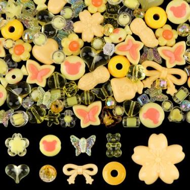 Imagem de 150 peças de contas pastel acrílicas para fazer joias, laço colorido Kalolary borboleta flor kawaii plástico doce coração fofo macaroon contas estéticas para pulseira, colar, suprimentos DIY (amarelo)