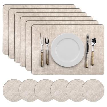 Imagem de Ptwola 6 conjuntos de jogos americanos de couro sintético bege, 30,5 x 43,2 cm, resistentes ao calor, limpáveis, antiderrapantes, com 6 porta-copos duráveis, à prova d'água, à prova de óleo