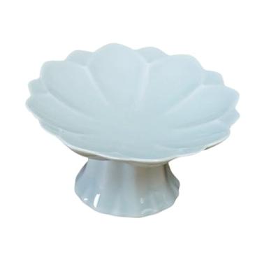 Imagem de IEUDNS Prato de cerâmica com pé em formato de lótus, elegante suporte para frutas e vegetais, fruteira para mesa de jantar, festas e cozinha, Azul-ciano