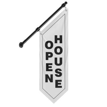 Imagem de QSUM Bandeira de parede de lona de casa aberta, faixa dupla face para imóveis com poste de aço inoxidável e suporte de parede, placa aberta ao ar livre para corretores de imóveis, casas para venda ou