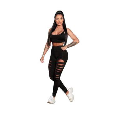 Imagem de Conjunto Fitness Feminino com Calça Legging Giletada e Top - FMF, Pret