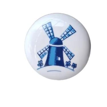 Imagem de Puxador De Porcelana Estampado Moinho Azul Redondo 32mm Gaveta Armário Gabinete