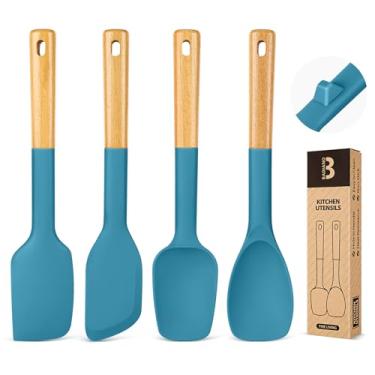 Imagem de Conjunto de colher de espátula de silicone, ótimo para misturar, dobrar, raspar e espalhar, silicone fosco resistente e livre de BPA, colher de borracha com cabo de madeira para panelas antiaderentes