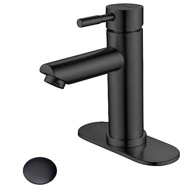 Imagem de Reimai Torneira de pia de banheiro de alça única preto fosco, torneira moderna de banheiro de furo único torneira de lavatório comercial de aço inoxidável (preto fosco, com dreno)