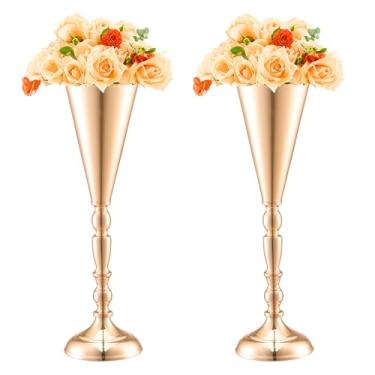 Imagem de VEVOR 10 peças de vaso de flores de casamento de 43 cm de altura, peça central de trompete de casamento de metal, suporte floral dourado para mesas de jantar de casamento, festa de aniversário,