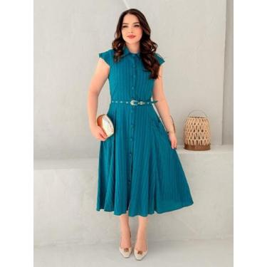 Imagem de Vestido Feminino Midi com Botão Verão Casual Elegante Moderno - Fashio