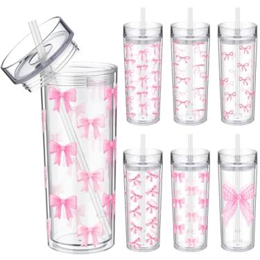 Imagem de Blushtier 6 peças de copos de plástico estéticos de laço rosa coquete com tampas e canudinhos fofos copos de café gelado de camada dupla transparente a granel reutilizável padrão personalizado copo