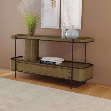 Imagem de Aparador Sala de Jantar Cachepot em Madeira Maciça Castanho 2 Gavetas Estrutura Metal Preto