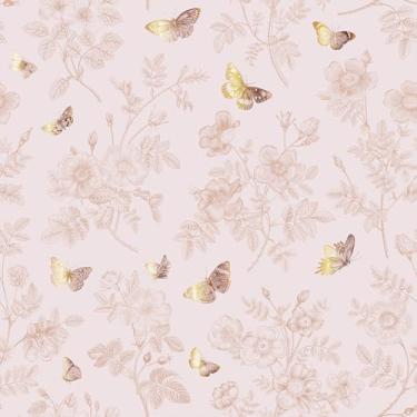 Imagem de VEELIKE Papel de parede floral rosa macio descasque e cole borboletas e flores para quarto de meninas berçário 48 x 39 cm, papel de parede autoadesivo de flores silvestres, papel de contato rosa para