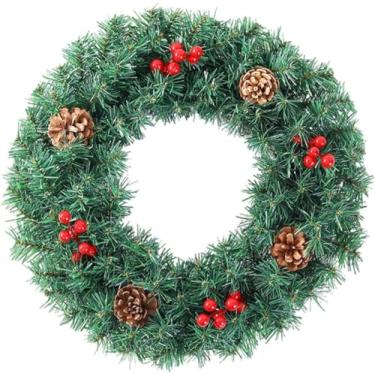 Imagem de Guirlanda De Natal Com Pinhas Bagas Vermelhas Decorações De Natal Para Porta Da Frente Casa Interior Exterior, White, 50cm (19.68in)