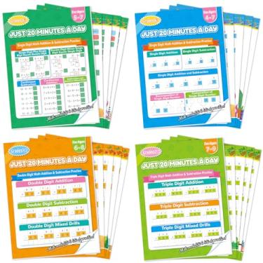Imagem de Pasta de exercícios de adição e subtração, planilhas matemáticas de dois e três dígitos para pré-escolar a 3ª série, planilhas de adição e subtração para idades de 3 a 9 anos, pacote com 4 para