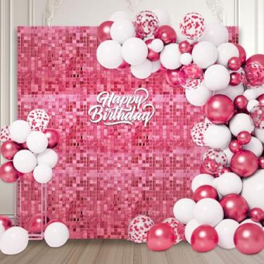 Imagem de 24 peças de fundo de parede rosa profundo, painel de pano de fundo de foto de lantejoulas quadrado a laser, fundo de parede com glitter para aniversários, casamentos, Natal, noivados, decoração de